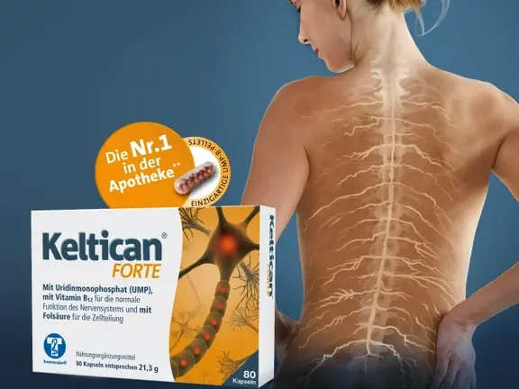 Eine Frau mit einer illustrierten Wirbelsäule auf dem Rücken wendet sich ab, neben einer Schachtel mit Keltican Forte-Ergänzungsmitteln und einer Nr. 1 in der Apothekenplakette.